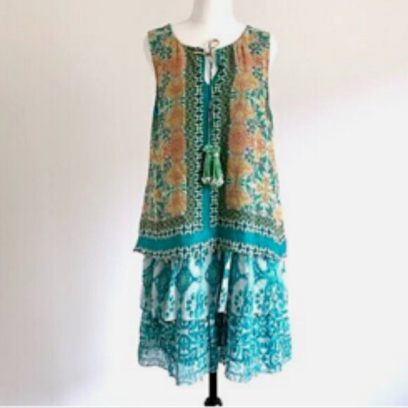 Hemant & Nandita Moana Dress 100% Silk Tiered Shift Mini Tassel Sequins Small - Picture 3 of 10